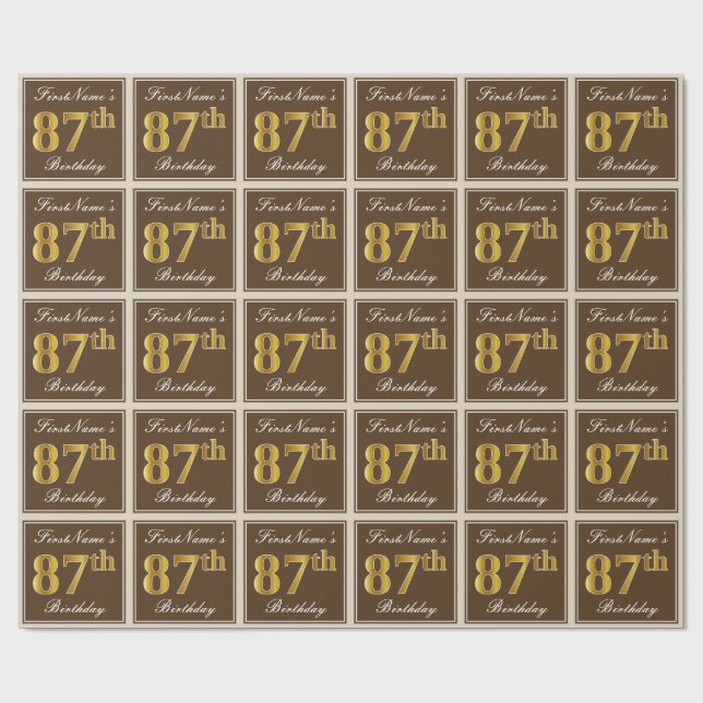 Elegant, Brown, Faux Gold 87th Birthday + Name Wrapping Paper (Flat)