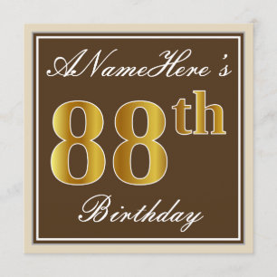 Elegant, Brown, Faux Gold 88th Birthday + Name Invitation