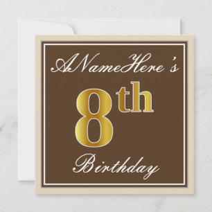 Elegant, Brown, Faux Gold 8th Birthday + Name Invitation