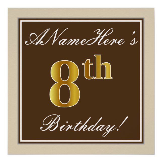 Elegant, Brown, Faux Gold 8th Birthday + Name Poster (Front)