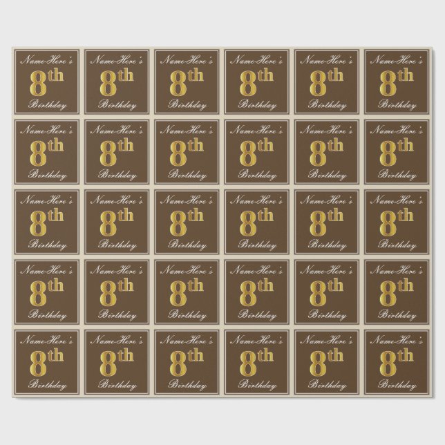 Elegant, Brown, Faux Gold 8th Birthday + Name Wrapping Paper (Flat)