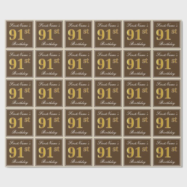 Elegant, Brown, Faux Gold 91st Birthday + Name Wrapping Paper (Flat)