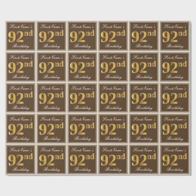 Elegant, Brown, Faux Gold 92nd Birthday + Name Wrapping Paper (Flat)