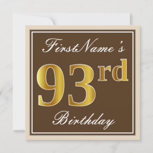 Elegant, Brown, Faux Gold 93rd Birthday + Name Invitation