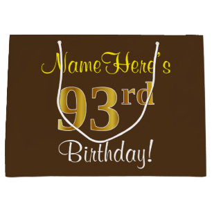 Elegant, Brown, Faux Gold 93rd Birthday + Name Large Gift Bag