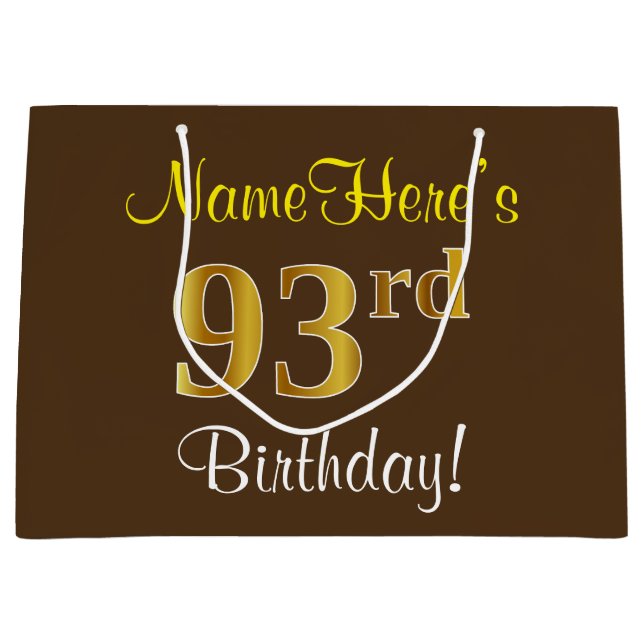 Elegant, Brown, Faux Gold 93rd Birthday + Name Large Gift Bag (Front)