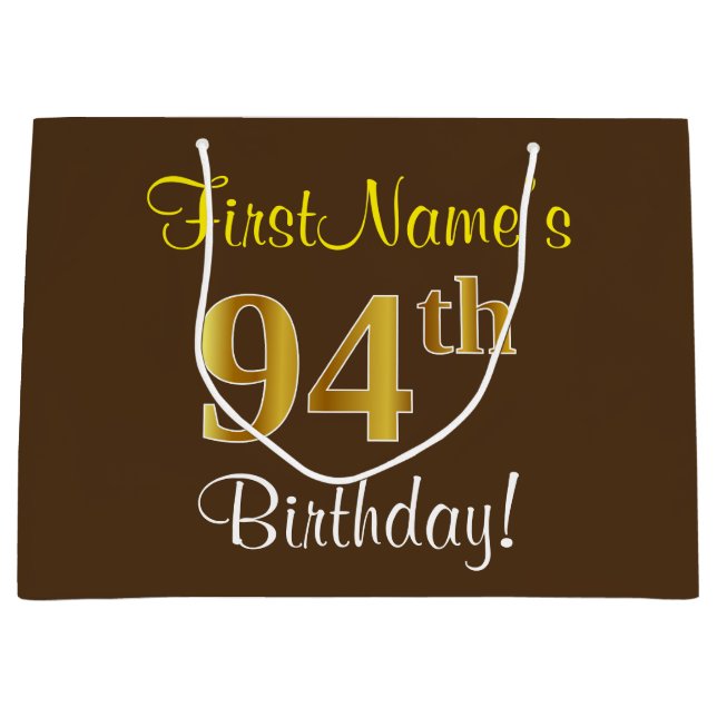 Elegant, Brown, Faux Gold 94th Birthday + Name Large Gift Bag (Front)