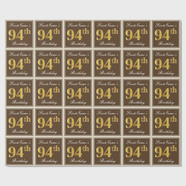 Elegant, Brown, Faux Gold 94th Birthday + Name Wrapping Paper (Flat)