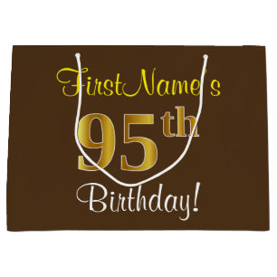 Elegant, Brown, Faux Gold 95th Birthday + Name Large Gift Bag