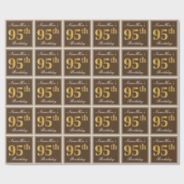 Elegant, Brown, Faux Gold 95th Birthday + Name Wrapping Paper (Flat)