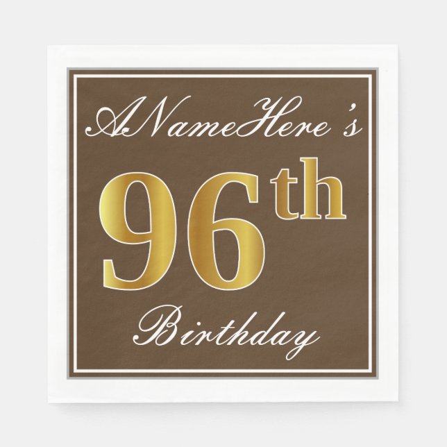 Elegant Brown, Faux Gold 96th Birthday + Name Napkin (Front)