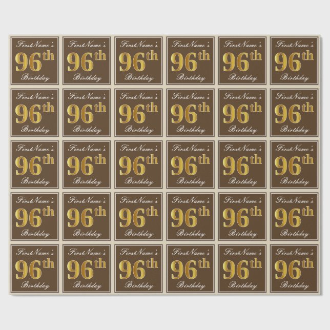 Elegant, Brown, Faux Gold 96th Birthday + Name Wrapping Paper (Flat)