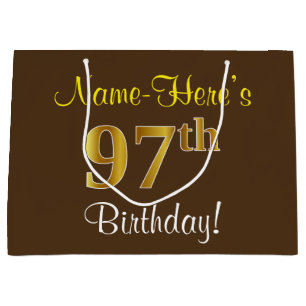 Elegant, Brown, Faux Gold 97th Birthday + Name Large Gift Bag