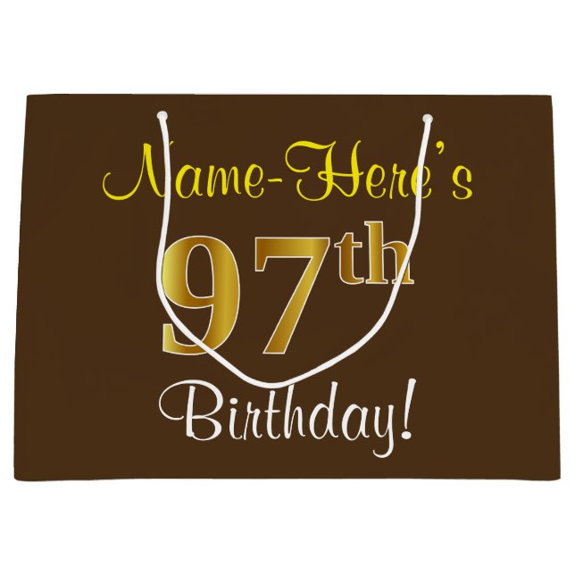 Elegant, Brown, Faux Gold 97th Birthday + Name Large Gift Bag (Front)