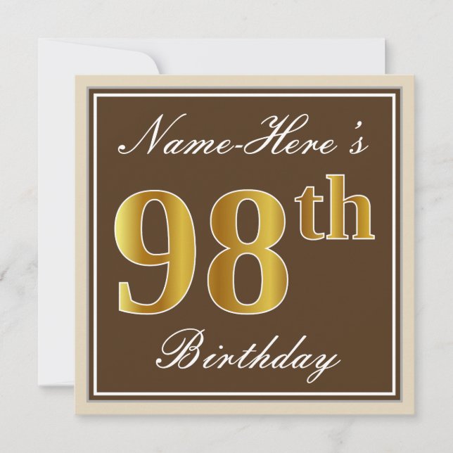 Elegant, Brown, Faux Gold 98th Birthday + Name Invitation (Front)