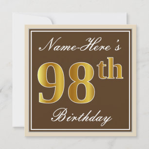 Elegant, Brown, Faux Gold 98th Birthday + Name Invitation