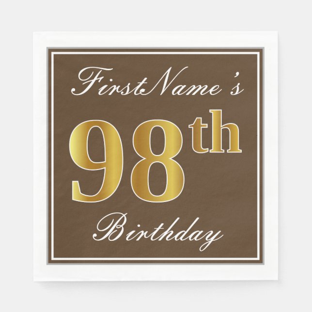 Elegant Brown, Faux Gold 98th Birthday + Name Napkin (Front)