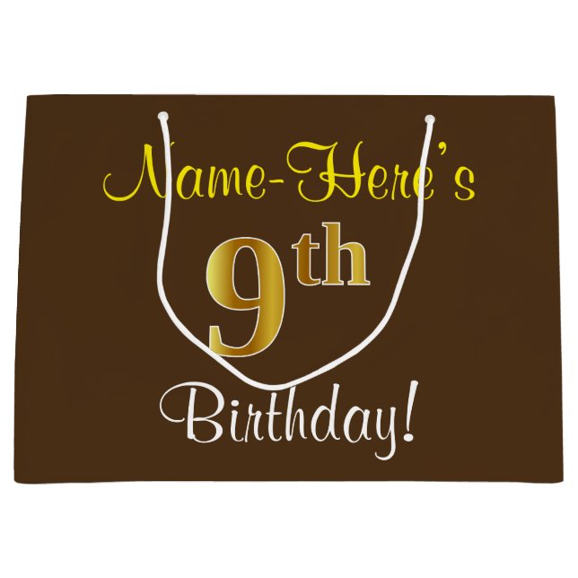 Elegant, Brown, Faux Gold 9th Birthday + Name Large Gift Bag (Front)