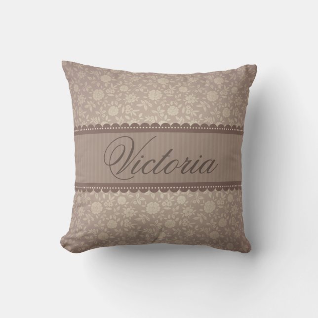 Elegant Brown Floral Pattern Custom Name Cushion (Front)