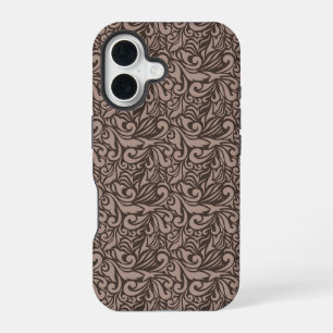 Elegant Brown Floral Pattern on Light Pink Back iPhone 16 Case