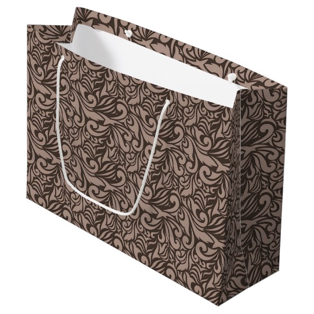 Elegant Brown Floral Pattern on Light Pink Back Large Gift Bag (Front Angled)
