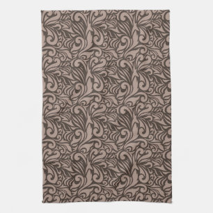 Elegant Brown Floral Pattern on Light Pink Back Tea Towel
