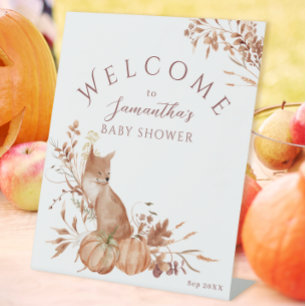 Elegant Brown Fox & Pumpkin Autumn Baby Shower Pedestal Sign
