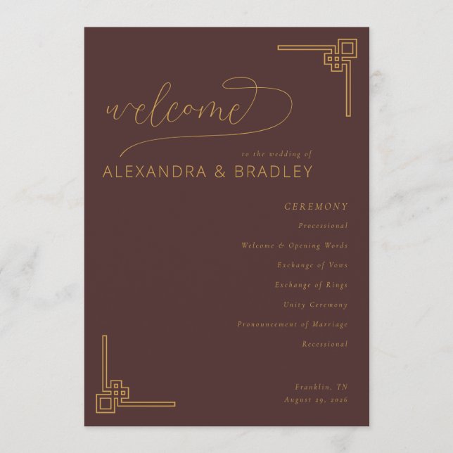 Elegant Brown Geometric Wedding Ceremony Program (Front)