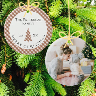 Elegant Brown Gingham Plaid Photo Merry Christmas Ceramic Ornament