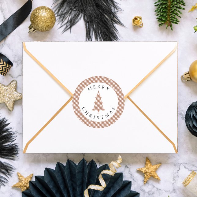 Elegant Brown Gingham Plaid Pine Merry Christmas Classic Round Sticker (Creator Uploaded)