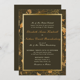 Elegant Brown & Gold Floral Autumn Fall Wedding  Invitation