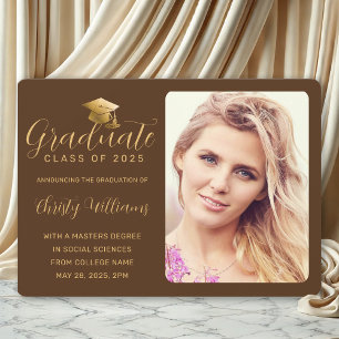 Elegant Brown Gold Photo College Graduation Announcement