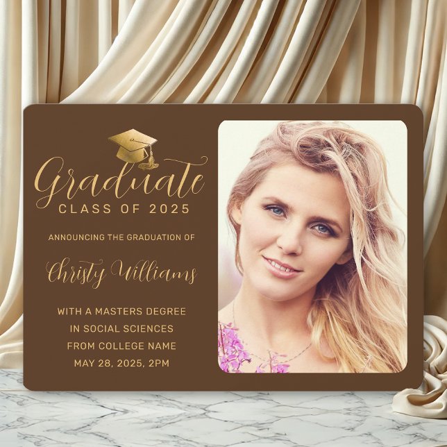 Elegant Brown Gold Photo College Graduation Announcement (Brown and Gold Photo graduation Announcement for College Grads )