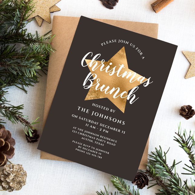 Elegant Brown Gold Star Christmas Brunch Invitation (Elegant Brown Gold Star Christmas Brunch Invitation)