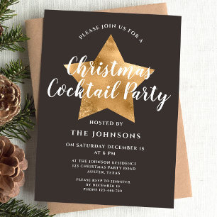 Elegant Brown Gold Star Christmas Cocktail Party Invitation