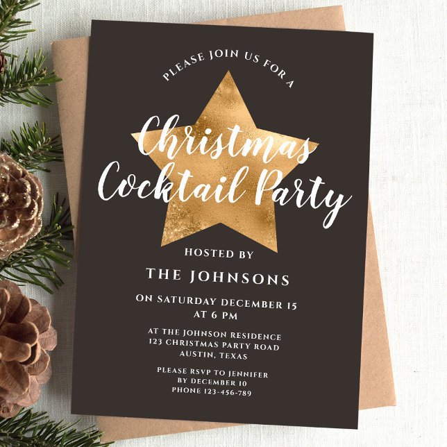 Elegant Brown Gold Star Christmas Cocktail Party Invitation (Elegant Brown Gold Star Christmas Cocktail Party Invitation)