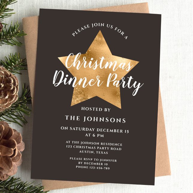 Elegant Brown Gold Star Christmas Dinner Party Invitation (Elegant Brown Gold Star Christmas Dinner Party Invitation)