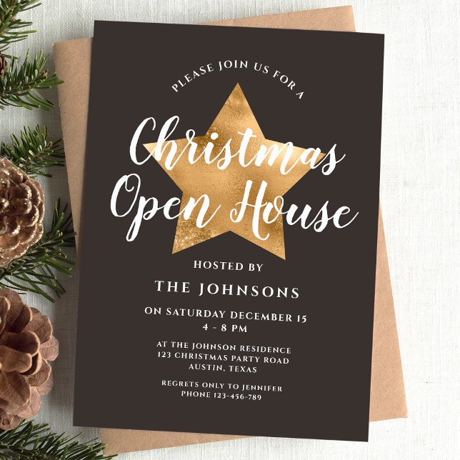 Elegant Brown Gold Star Christmas Open House Invitation (Elegant Brown Gold Star Christmas Open House Invitation)