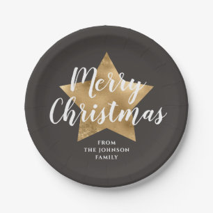 Elegant Brown Gold Star Merry Christmas Paper Plate
