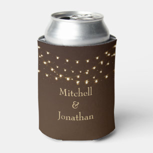 Elegant Brown & Gold String Lights Wedding Can Cooler