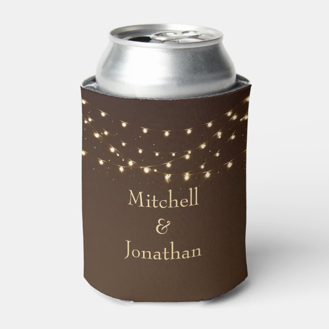 Elegant Brown & Gold String Lights Wedding Can Cooler (Can Front)