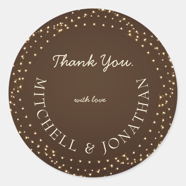 Elegant Brown & Gold String Lights Wedding Classic Round Sticker (Front)