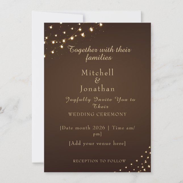 Elegant Brown & Gold String Lights Wedding Invitation (Front)