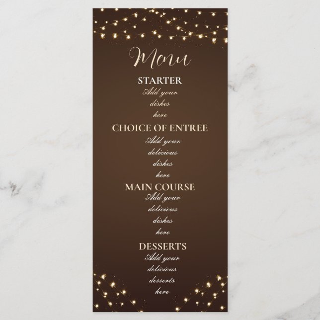 Elegant Brown & Gold String Lights Wedding Menu (Front)