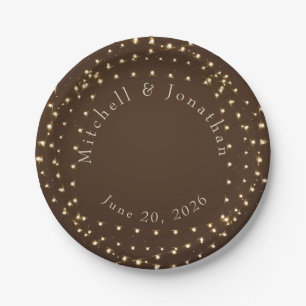Elegant Brown & Gold String Lights Wedding Paper Plate