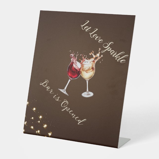 Elegant Brown & Gold String Lights Wedding  Pedestal Sign (Front)