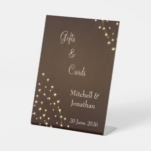 Elegant Brown & Gold String Lights Wedding Pedestal Sign