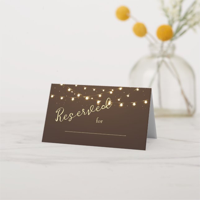 Elegant Brown & Gold String Lights Wedding Place Card (Front)