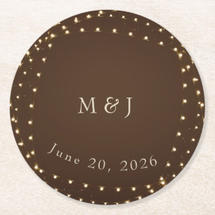 Elegant Brown & Gold String Lights wedding Round Paper Coaster