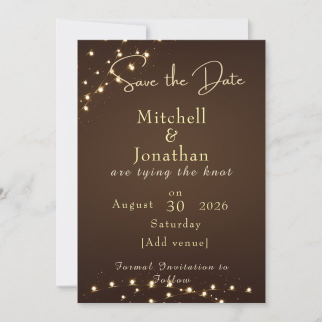 Elegant Brown & Gold String Lights wedding  Save The Date (Front)